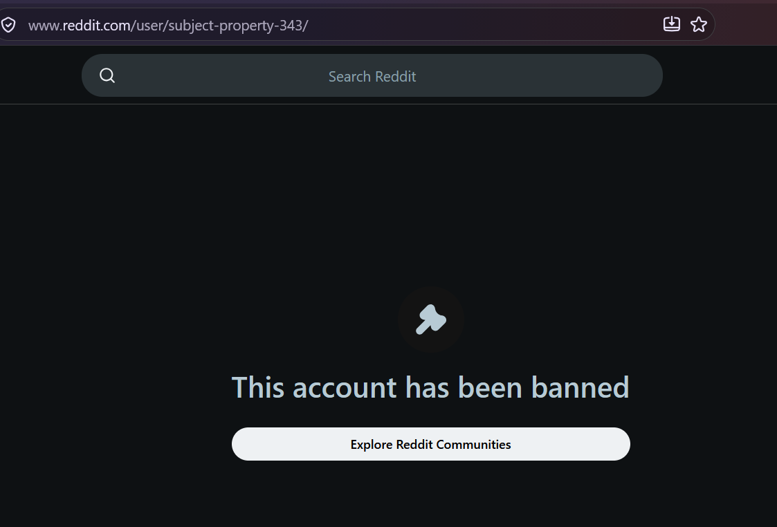 Reddit user page showing the ban
